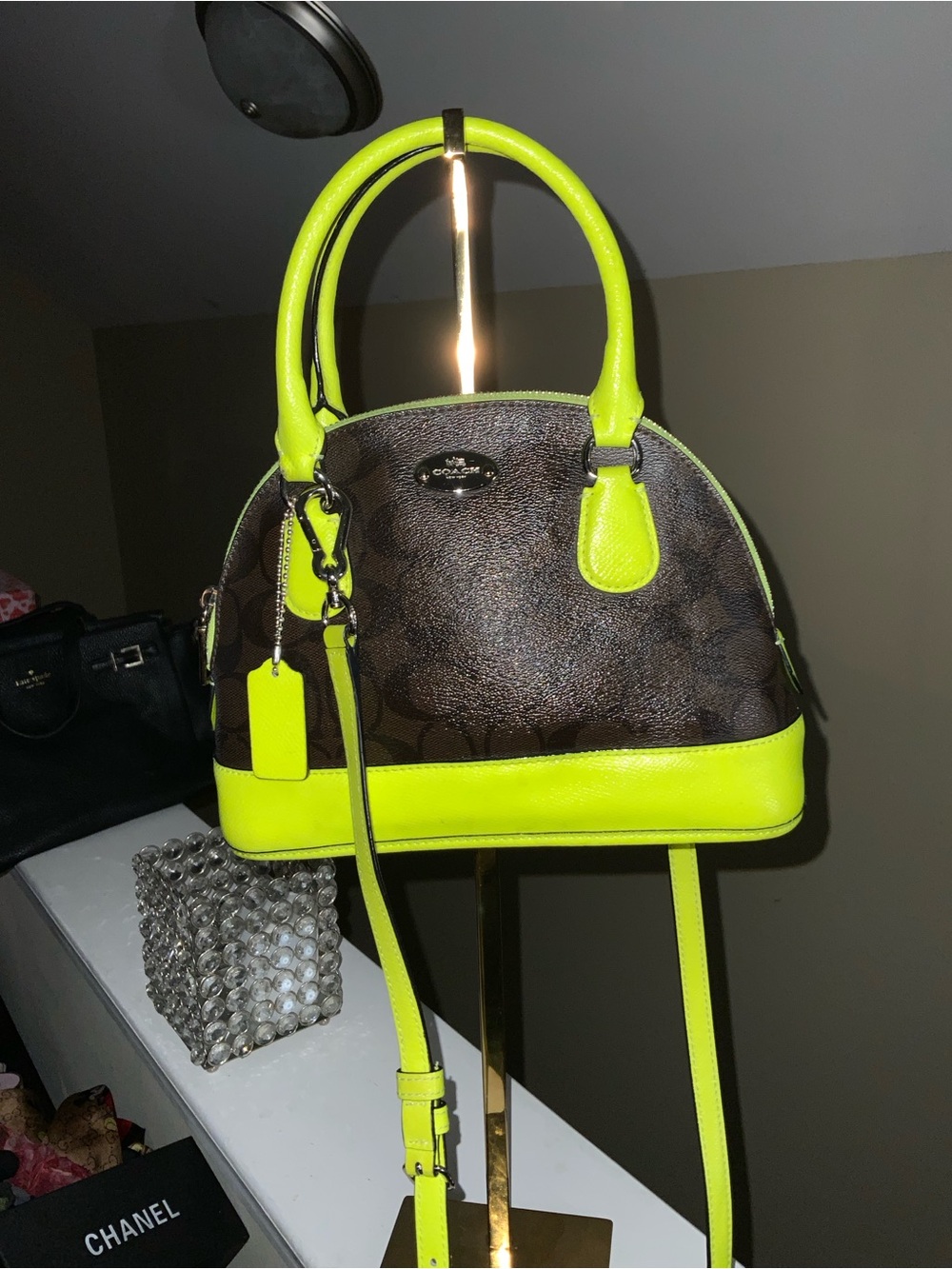 Coach Mini Dome Satchel in Brown and Neon Yellow